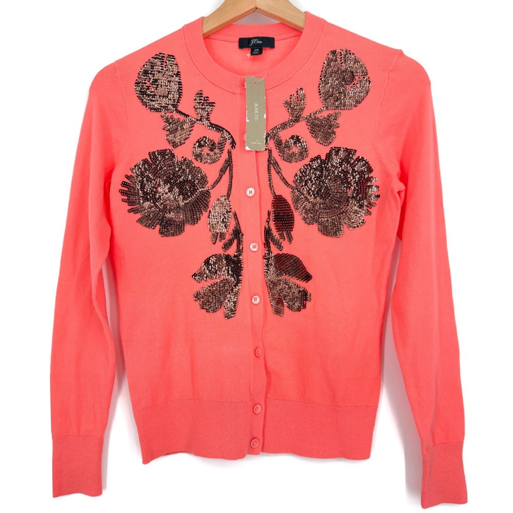 NWT J.Crew‎ Coral Sequin Floral Jackie Button Front Cardigan Sweater XS